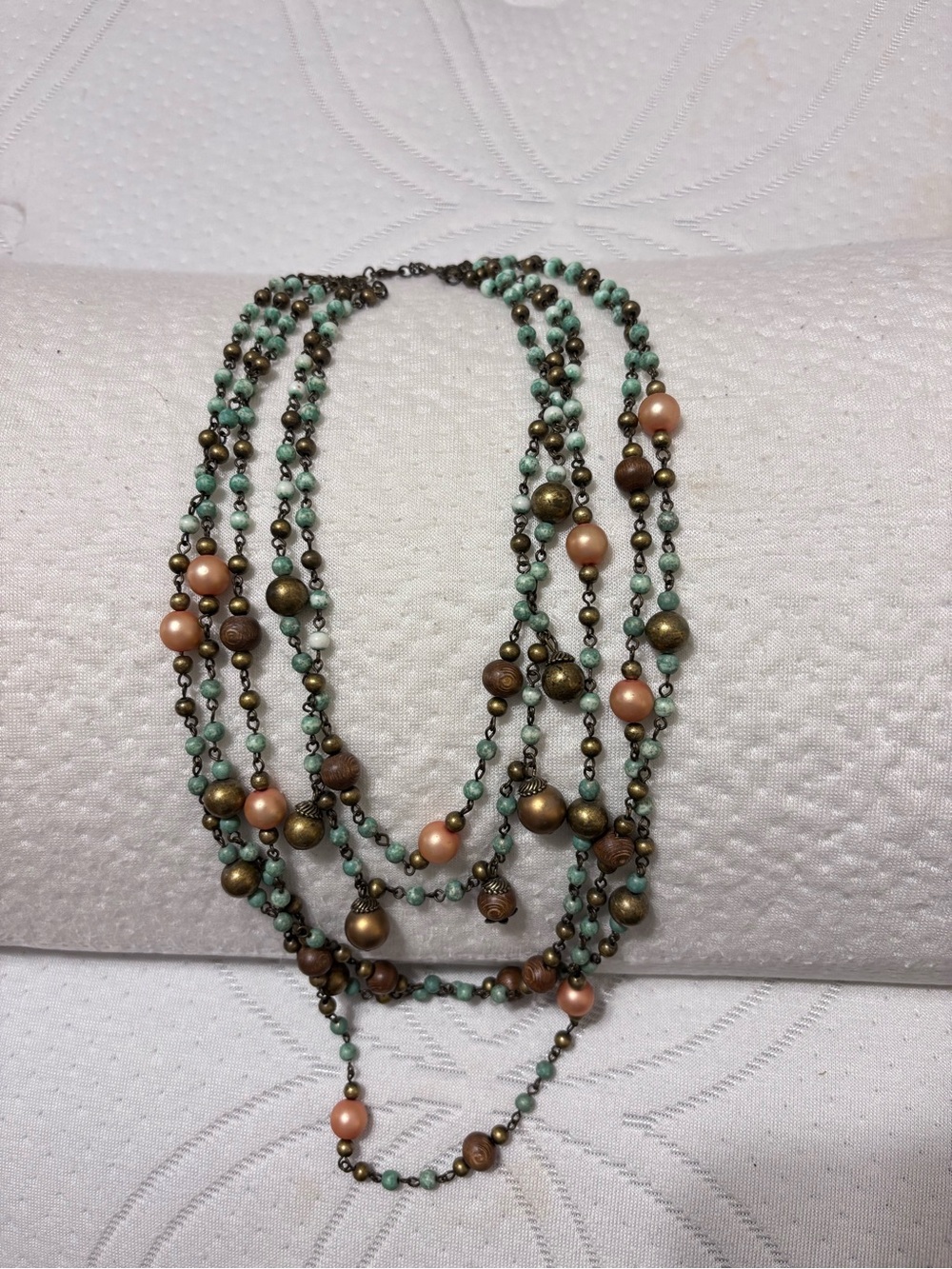 Chico's Mint Green, Peach and Bronze Multi-Strand Beaded Necklace